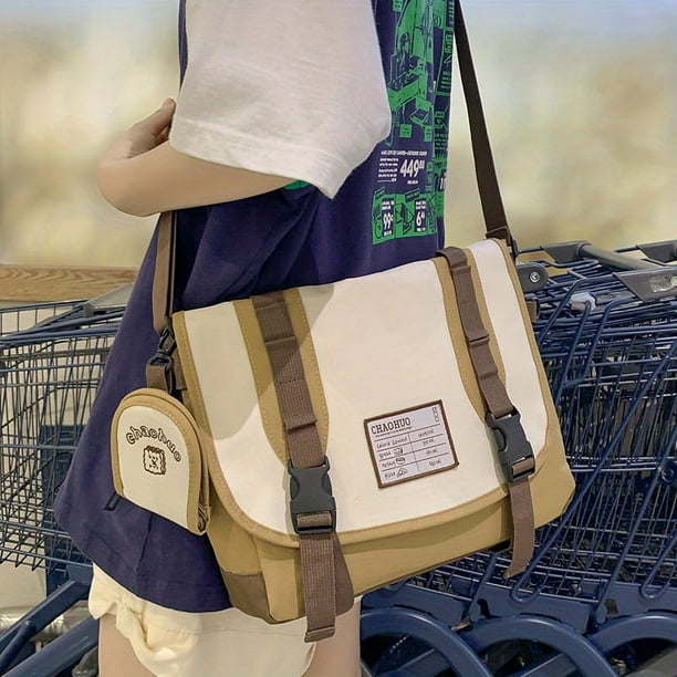 Vintage Preppy Style Messenger Bag, Large Capacity Crossbody Bag, Buckle Decor Flap Shoulder Bag
