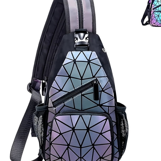 Geometric Luminous Backpack, Holographic Reflective Zipper Sling Chest Bag, Multi Functional Shoulder Bag