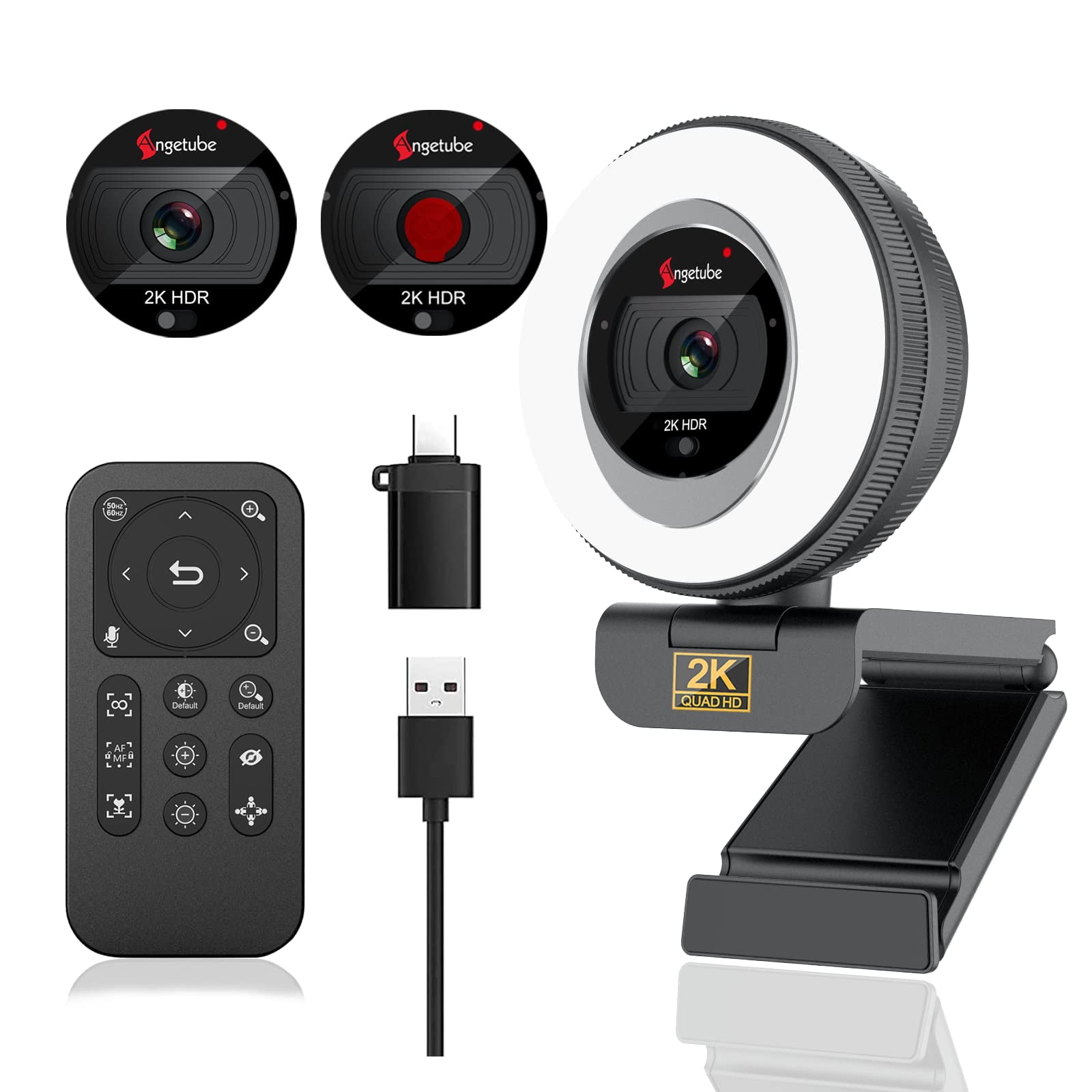 Cámara Web Angetube 2k Streaming Con Anillo De Luz, Mando A Distancia Y Funda