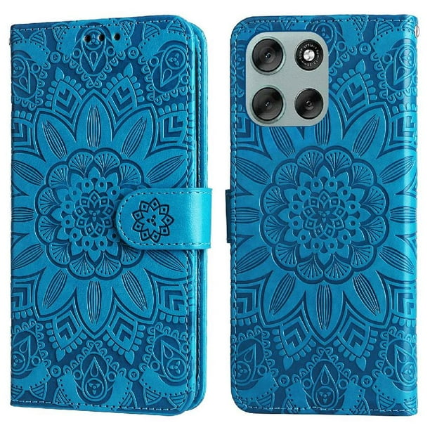Funda tipo cartera FOXDOCK para Motorola Moto G56 , diseño girasol en relieve, cuero PU, cierre magnético, soporte y tarjetero