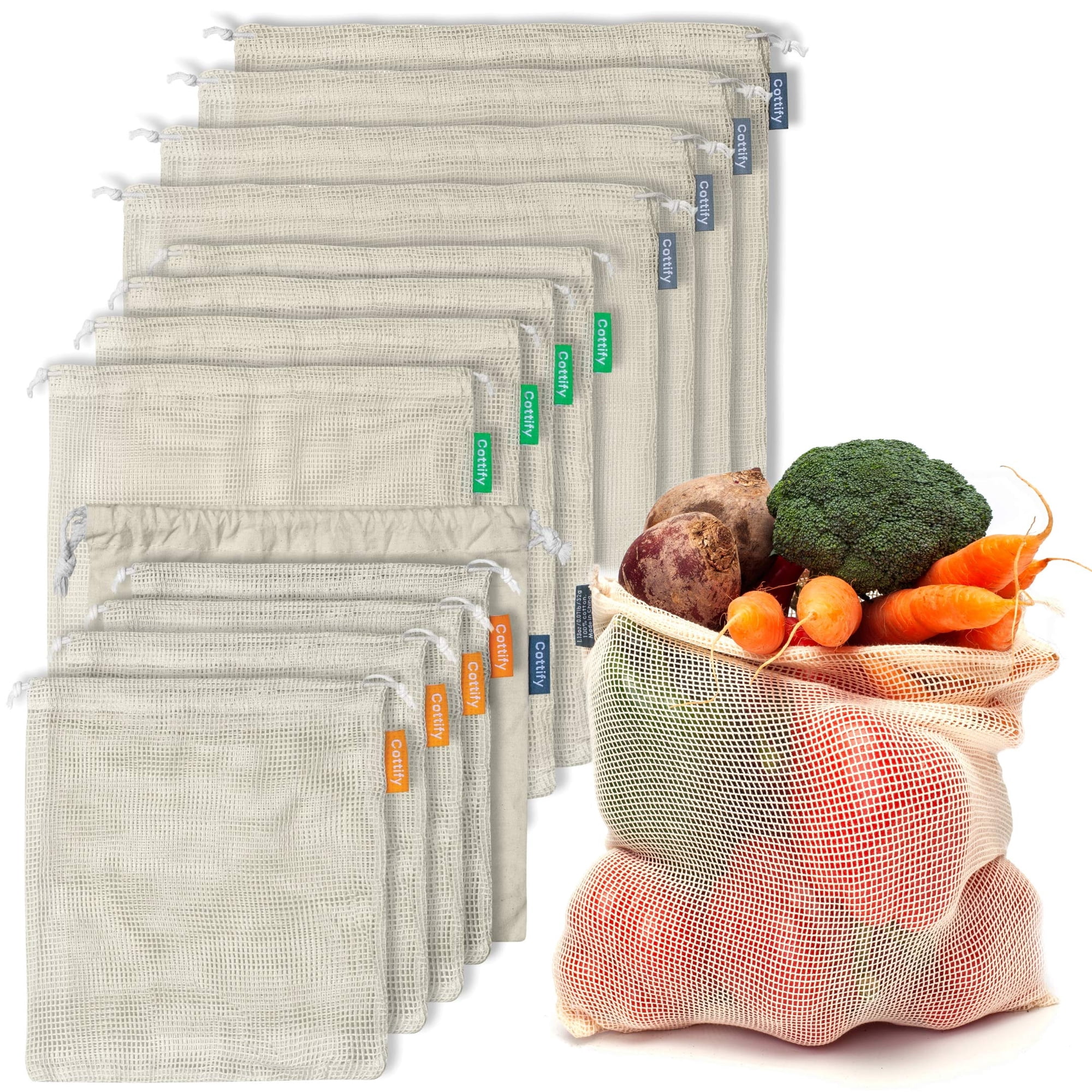 Bolsas Reutilizables Para Productos Agrícolas Cottify Set 12+1 De Malla De Algodón Orgánico
