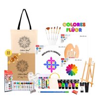 Celebra Ideas - Set Kit Arte Pinturas Acrílicos Flúor Neón Atril Bastidores