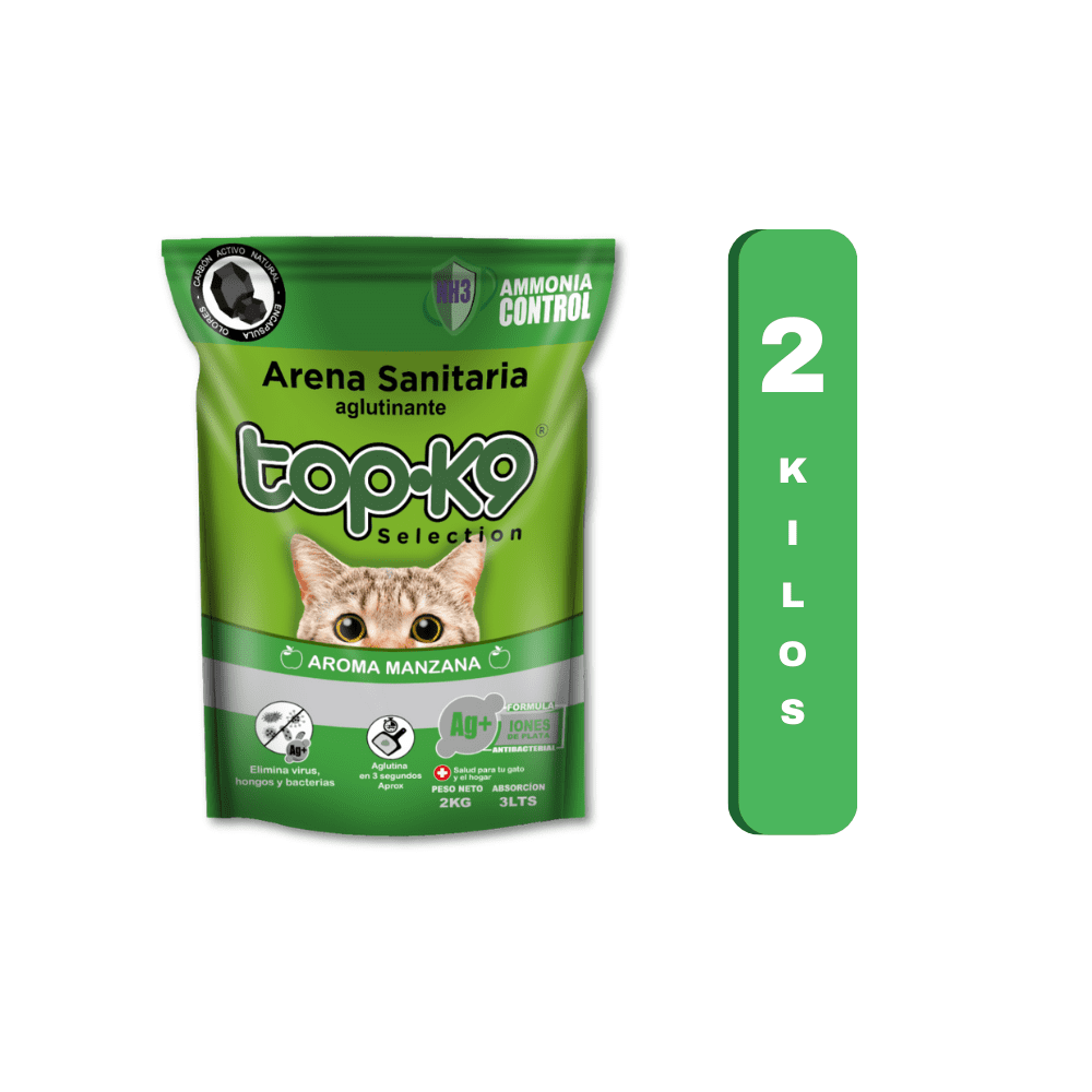 Topk-9 - Arena Sanitaria Aglutinante Turbo Clean Carbón Activo 2 Kilos Manzana