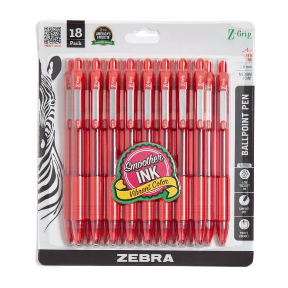 Bolígrafo Zebra Pen Z-Grip retráctil de 1,0 mm, tinta roja, paquete de 18