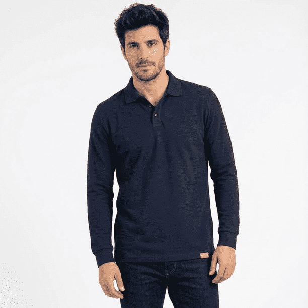 Polera Hombre Piqué Manga Larga Premium 60/40 Ideal Para Bordar Azul