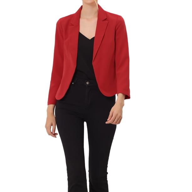 INSPIRE CHIC Blazer de Mujer para Regreso a Clases, Chaqueta de Traje de Verano Abierta para el Trabajo, Rojo Sólido Talla S