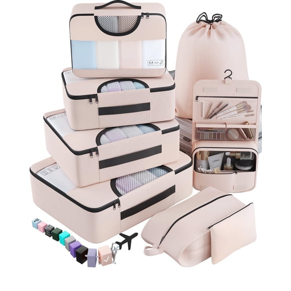 Set Packing Cubes Veken de 8 unidades para equipaje con neceser, color crema