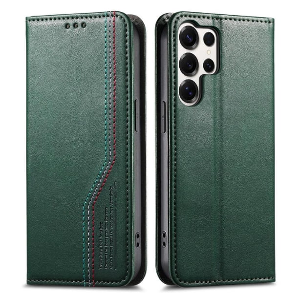 Funda tipo cartera para Samsung Galaxy S25 Ultra de piel con cierre magnético, ranuras para tarjetas y correa para la muñeca Verde