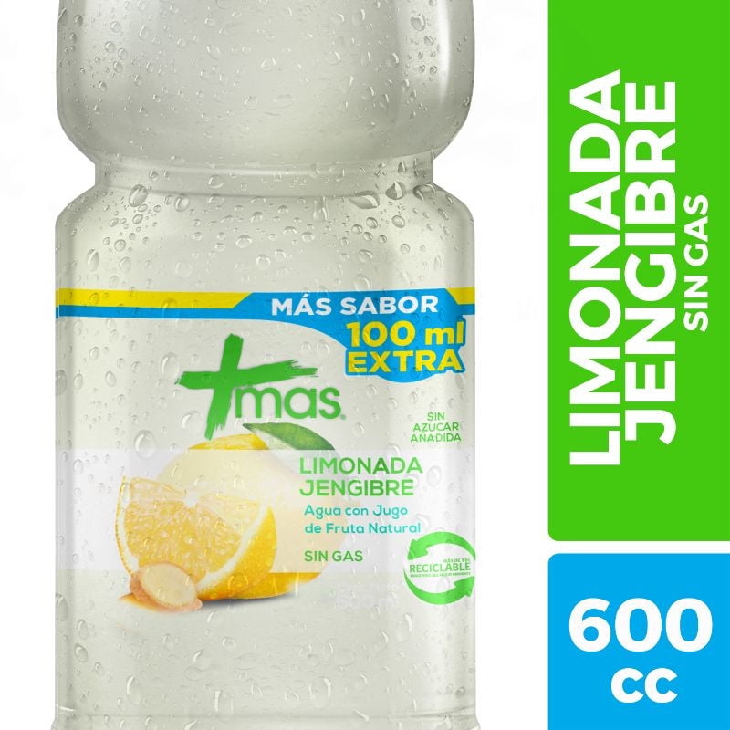 Agua Saborizada Limonada Jengibre Sin Gas Botella 600 ml Mas