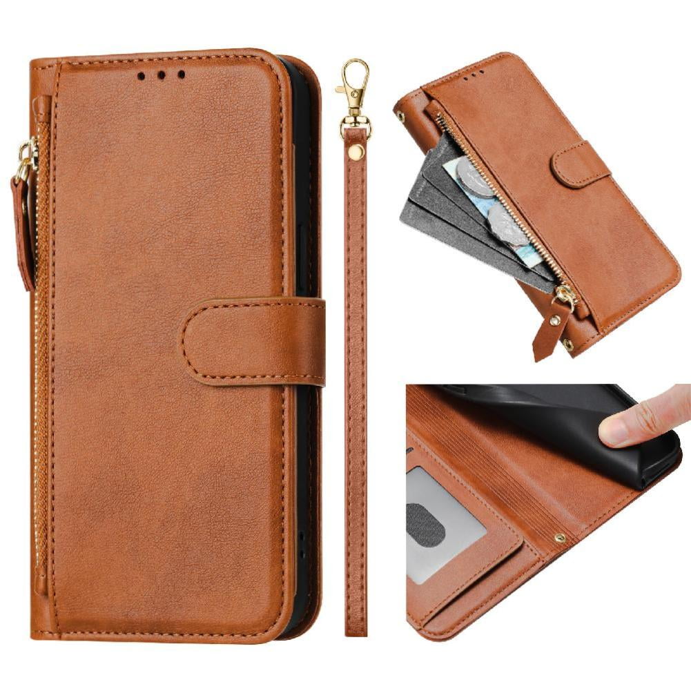 Foxdock - Funda Tipo Cartera Para Oukitel C37 Con Bolsillo Con Cremallera, Tarjetero, Soporte, Correa Para La Muñeca Y Tapa De Cuero Marrón