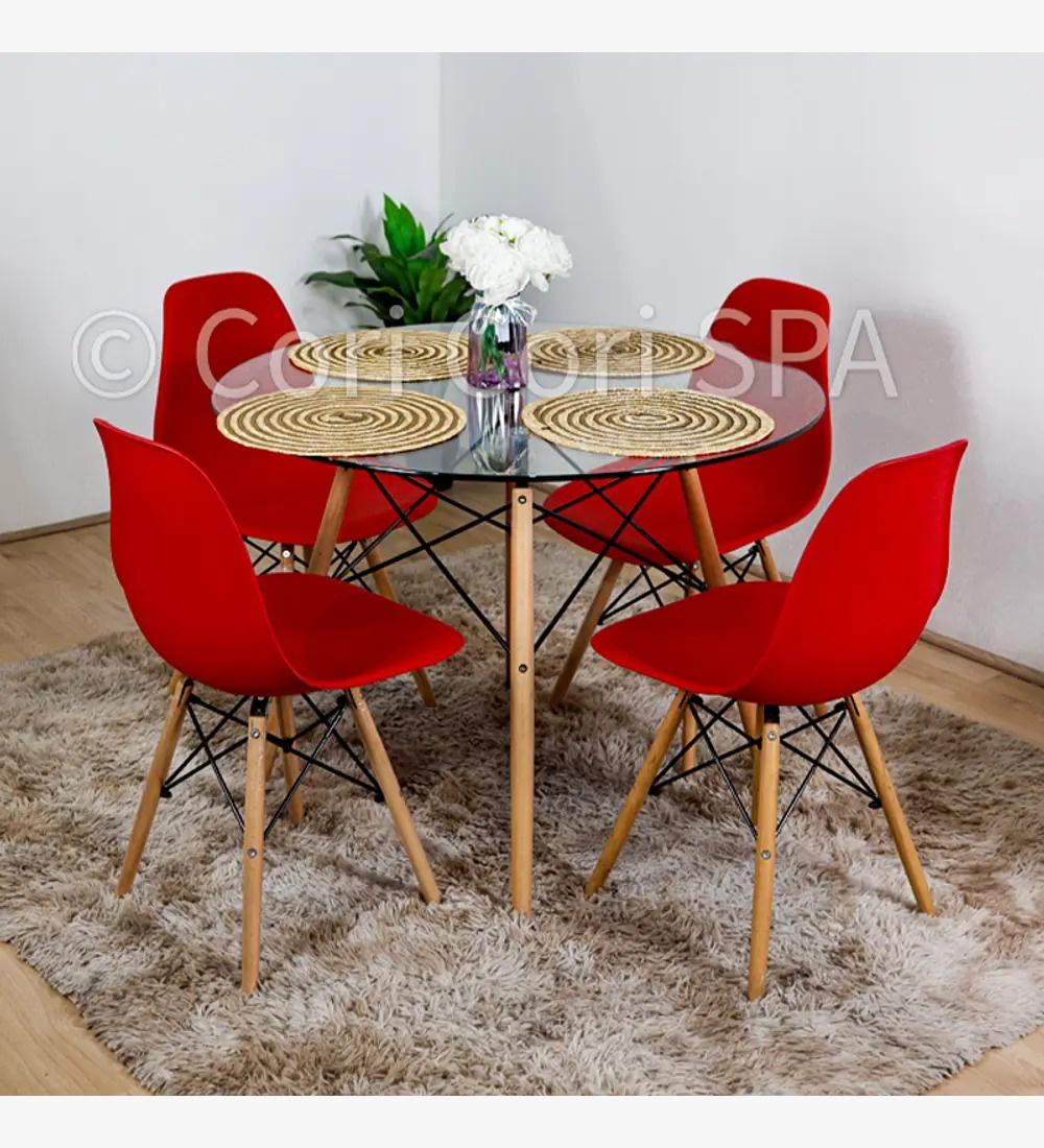 Genérico - Comedor Mesa Vidrio 80Cms + 4 Sillas Eames Replica Color Rojo