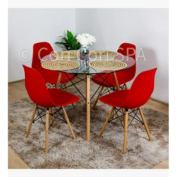 Comedor Mesa Vidrio 80Cms + 4 Sillas Eames Replica Color Rojo