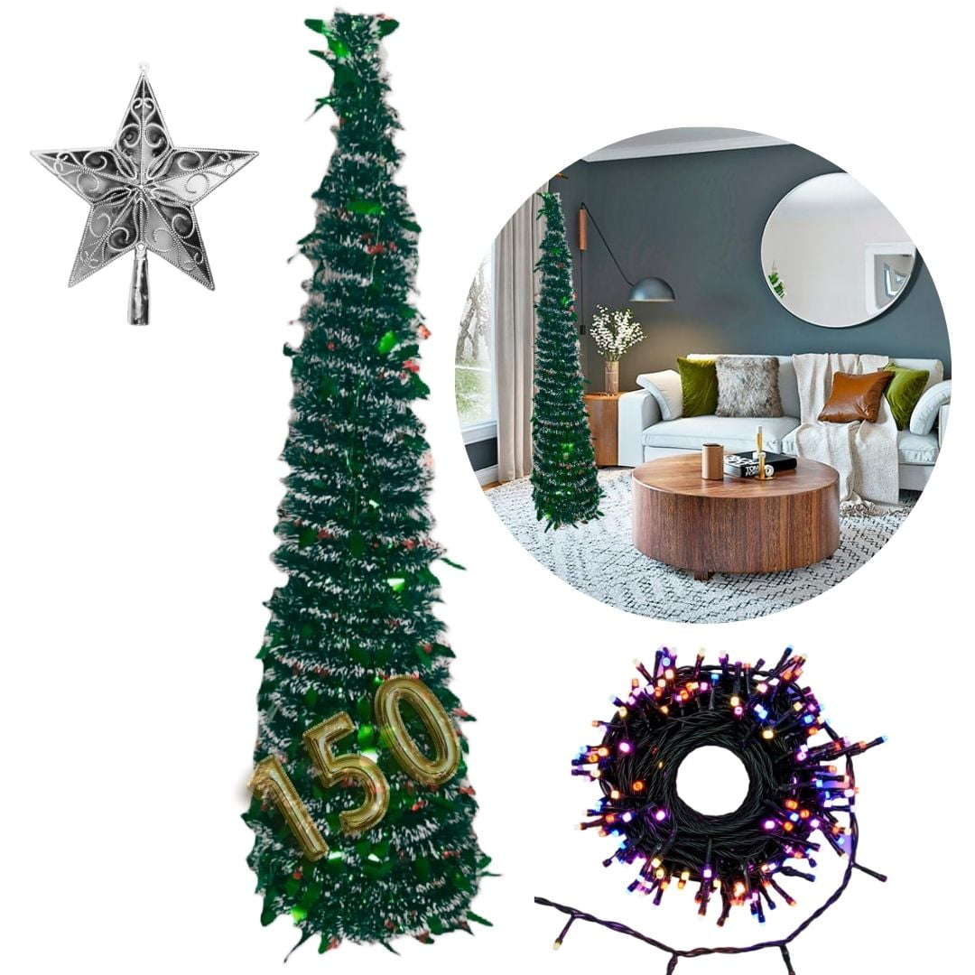 Genérico - Set Navidad 100 Luces Led + Arbol Plegable Nieve 150 Cm + Estrella