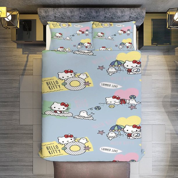 Swimming ring Hello Kitty Comforter Twin SizeComforter Set for Kids Girls3Pcs Bedding Set Printed Comforter with 2 PillowcasesDown AlternativeSoft and Lightweight Bed Sheets