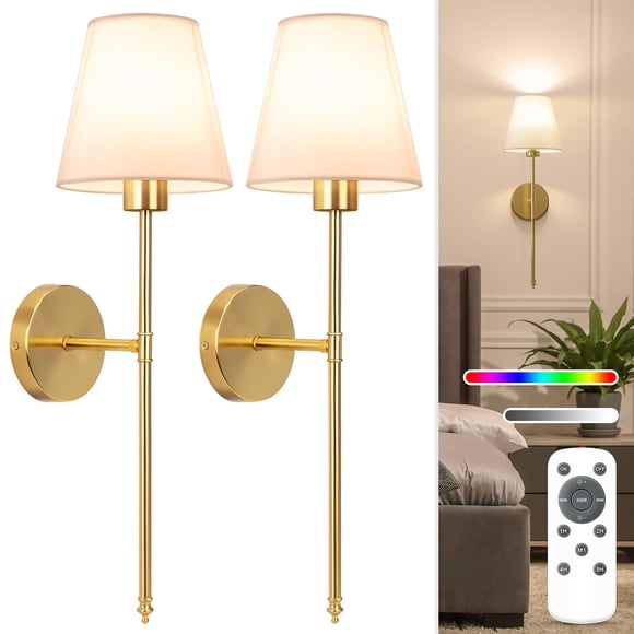 Lámpara de pared NIORSUN que funciona con pilas, juego de 2 con mando a distancia, color dorado