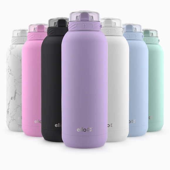 Botella de agua Ello Cooper de acero inoxidable, 1,2 L, color lila con pajita