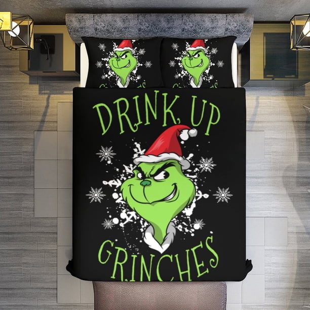 Funny Christmas Grinch 3 Piece Sets Full/Queen Size - Reversible Microfiber Quilts with 2 Shams Soft Lightweight Bedspread Coverlet Comforter for All Season Bed Sheets