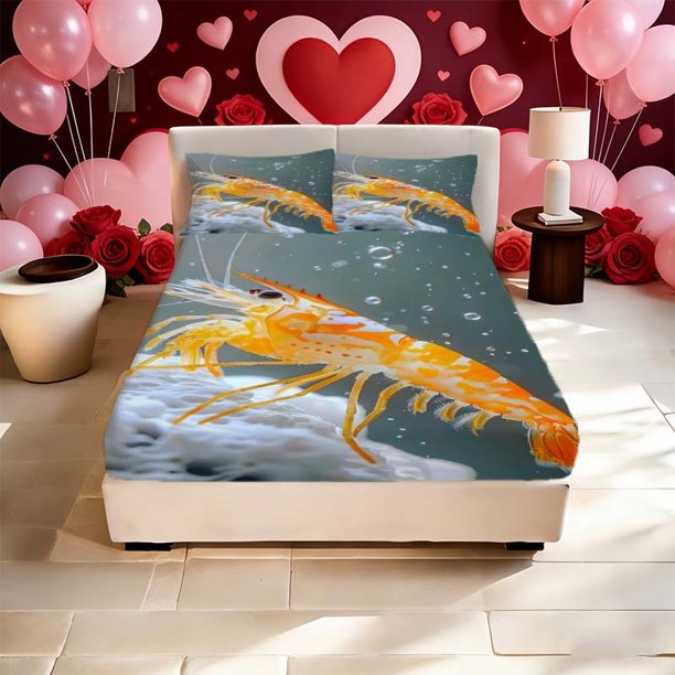 Ornamental Shrimp Printed Bed Sheet Pattern Printed Bed Sheet a Must-Have for Family Guest Rooms Deep Pockets Are Stable And Do Not Shift Soft And Breathable fo