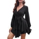 thumbnail image 1 of Vestido de mujer con escote en V profundo, manga larga, lazo en la cintura, volantes, minivestido skater - Negro, 1 of 6