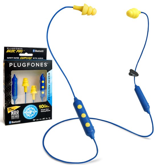 Auriculares intraurales inalámbricos Bluetooth Plugfones Basic Pro, auriculares con reducción de ruido con micrófono y controles que aíslan el ruido (azul y amarillo)