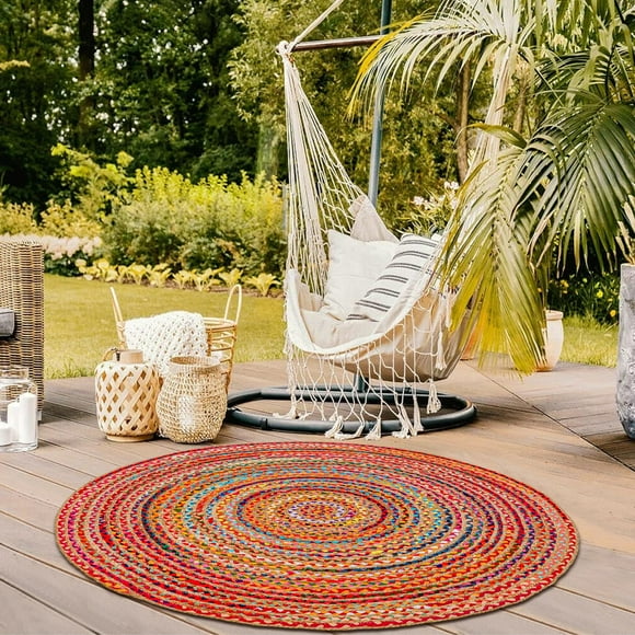 Alfombra Hausattire, bohemia, trenzada, 152 cm, redonda, yute y algodón