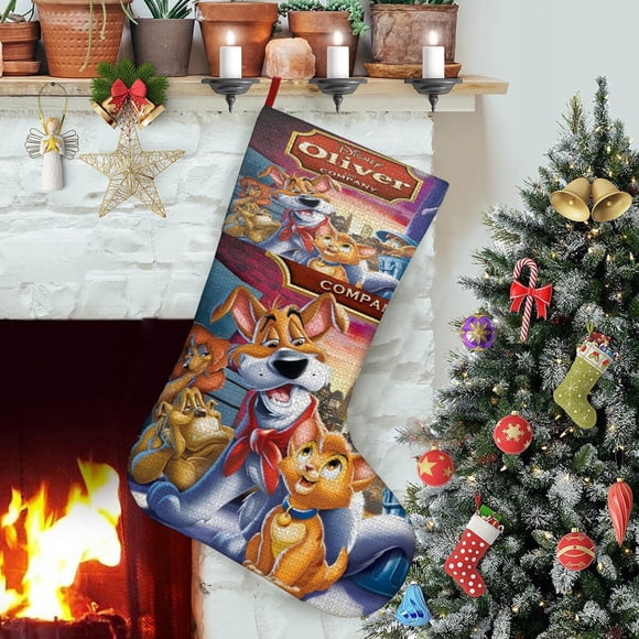 Oliver y su Pandilla Tema: Calcetines de Navidad, fino lino blanco para colgar en escaleras y chimenea, decoración navideña para el hogar, regalo de Navidad.54cm×38cm