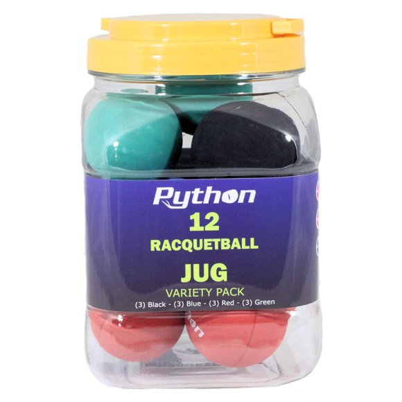 Paquete variado de 12 pelotas de racquetball Python (3 negras, 3 azules, 3 rojas y 3 verdes)