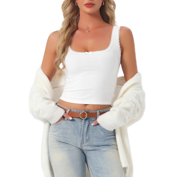 INSPIRE CHIC Camiseta de Mujer de Jersey con Encaje de Punto Acanalado en U para Pijama, Tops Suaves sin Mangas, Camiseta de Tirantes para Estar en Casa y Dormir M Blanco