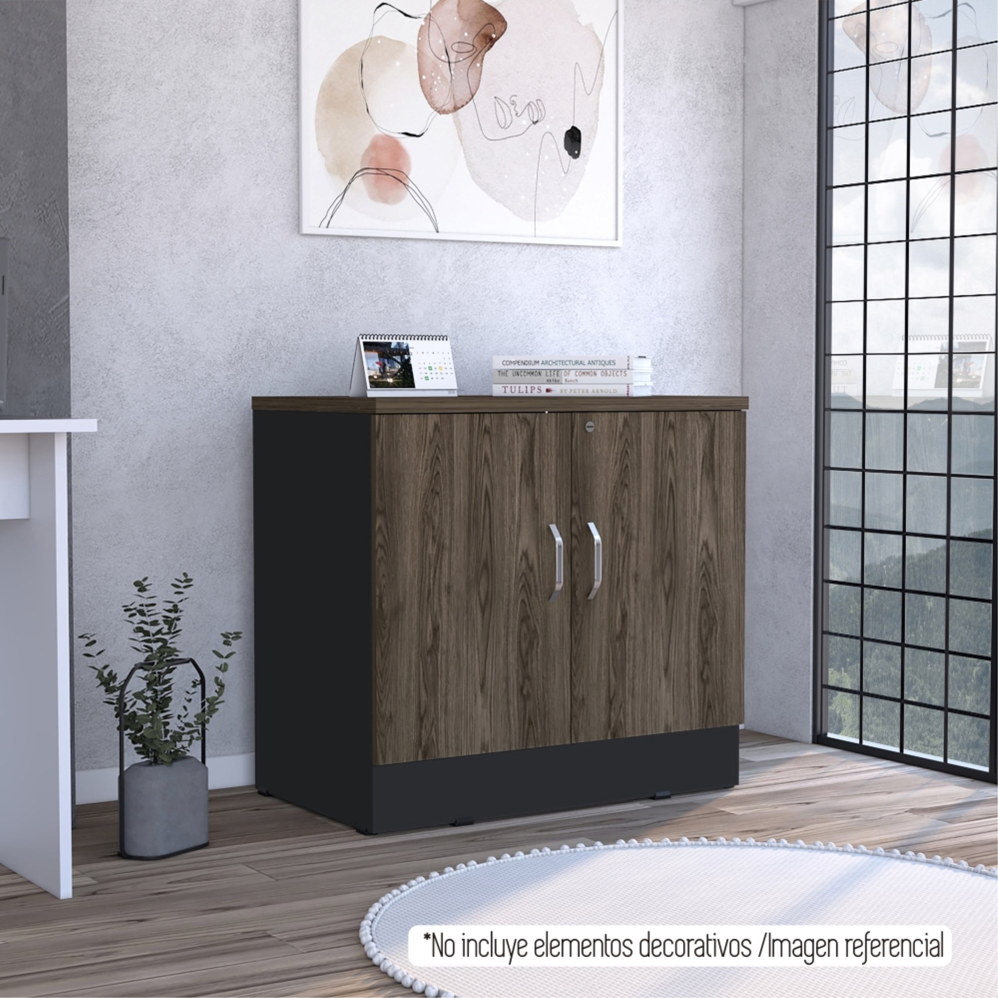 Tuhome - Buffet Office 2 Puertas Negro Y Coñac 75x80x48,5 Cm