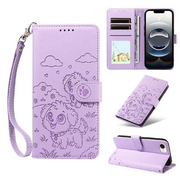Funda Cartera para iPhone 16e Perro Cachorro Grabado con Tarjetas Soporte Correa Morado