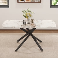 M&Ms - 63""X35.4"" Luxurious White Marble-Patterned Tempered Glass Dining Table.Single Fork Black Metal Table Legs.Tempered Glass Table Top,Black Metal Leg.Make It Adaptable To Various Styles.W1151S03299