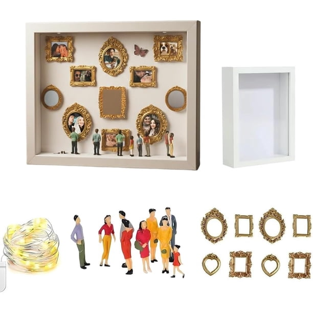Caja mini museo silueta DIY kit marco dorado figuras display sombra fotos personalizado