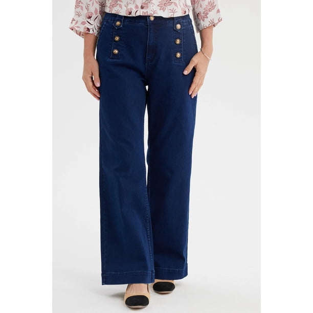 Jeans Mujer Flare Botones Delantero Azul Oscuro