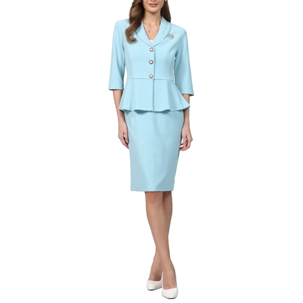 INSPIRE CHIC Conjunto de Traje de Falda para Mujer 2 Piezas Conjunto 2026 Blazers Peplum de Trabajo Modernos y Faldas Lápiz con Broche Pin 2XL Azul Claro