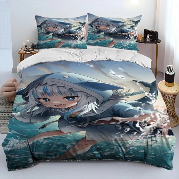 Cute Gawr Gura Hololive Shark Comforter Bedding Set,Duvet Cover Bed Set Quilt Cover Pillowcase, Size Bedding Set Bed Sheets