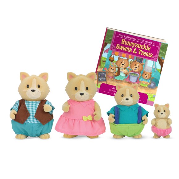 Juego de juguetes Li'l Woodzeez Cat Family Whiskerelli con libro de cuentos, 5 piezas