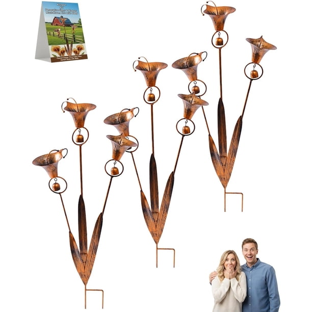Estaca jardín tres calas cobre flameado campanas 61cm caprichoso arte metal exterior