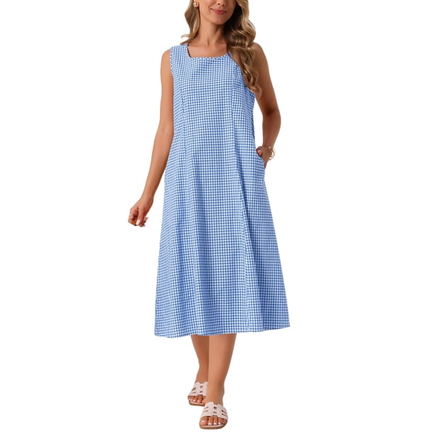 INSPIRE CHIC Vestidos sin mangas a cuadros para mujer, ajuste holgado casual, vestido midi de cuadros con bolsillos, atuendos de verano, talla S, azul oscuro