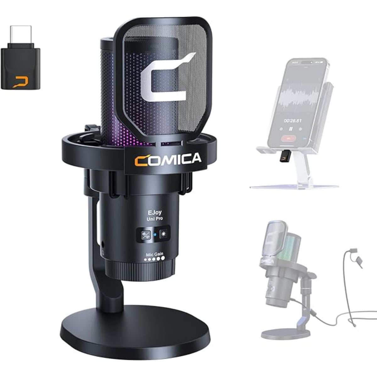 Comica - Micrófono Gamer Inalámbrico Efectos Led Rgb, Negro