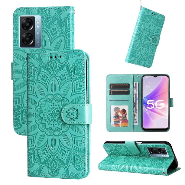 Funda tipo cartera FOXDOCK para Realme Narzo 50 5G , diseño girasol en relieve, cuero PU, cierre magnético, soporte y tarjetero