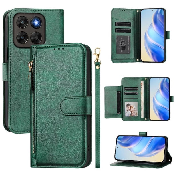 Funda Billetera Cremallera para Motorola Moto G67 con Porta Tarjetas, Soporte y Correa Verde