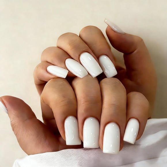 Set de Uñas JOYVVEW Blancas Medianas Cuadradas Brillantes 28 Piezas