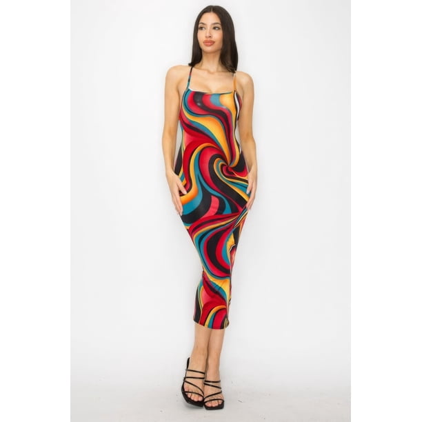 Saronite Vestido Midi Ajustado de Fiesta con Tirantes Finos Cruzados en la Espalda y Estampado Multicolor de Mármol, Rojo Multi (para Mujer)