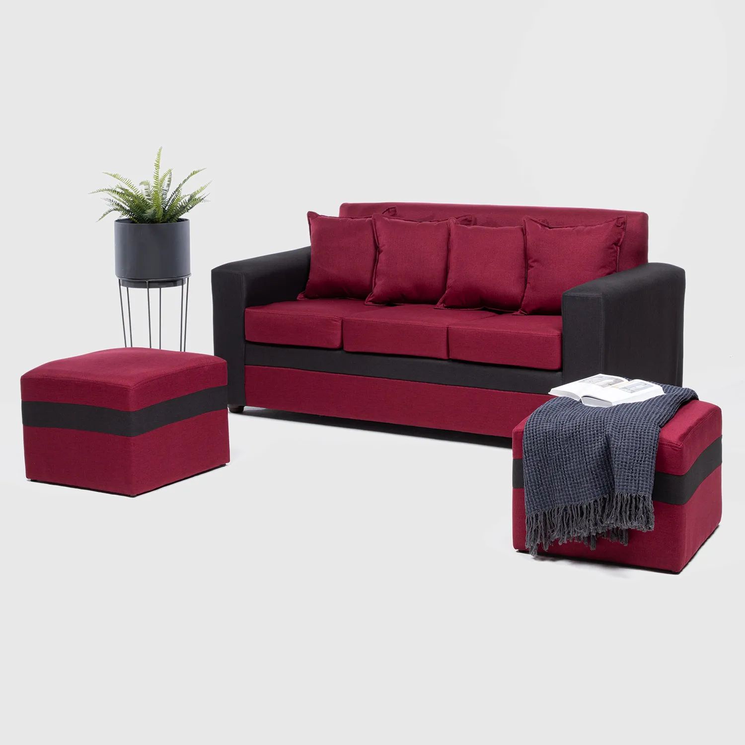 Nevi Express - Sofa Roma 2 Puff Nevi Bicolor Burdeo Y Negro