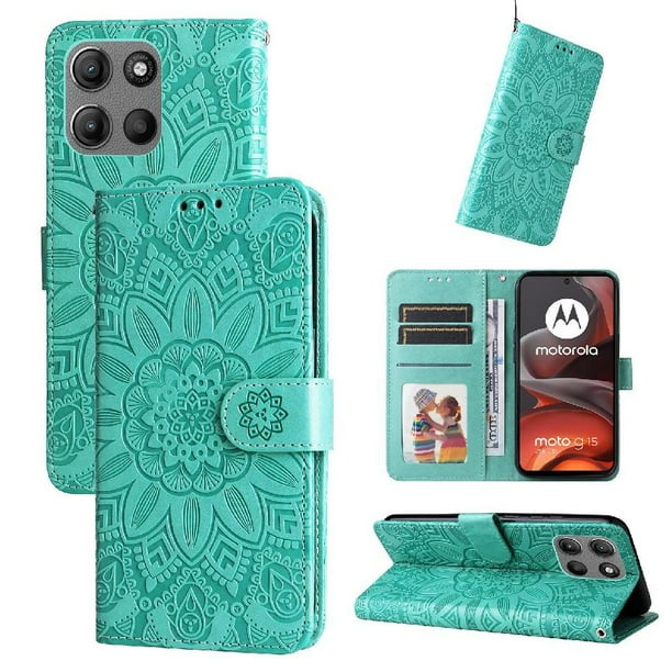 Funda tipo cartera FOXDOCK para Motorola Moto G15 Power , diseño girasol en relieve, cuero PU, cierre magnético, soporte y tarjetero
