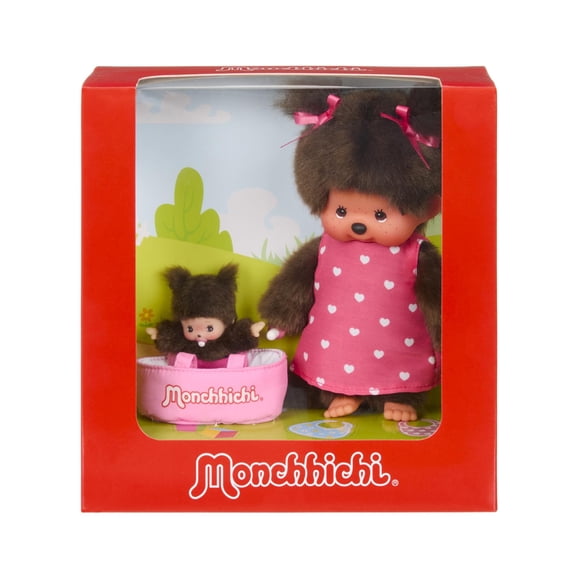 Peluche Monchhichi Girl de Sekiguchi con vestido rosa, 20 cm