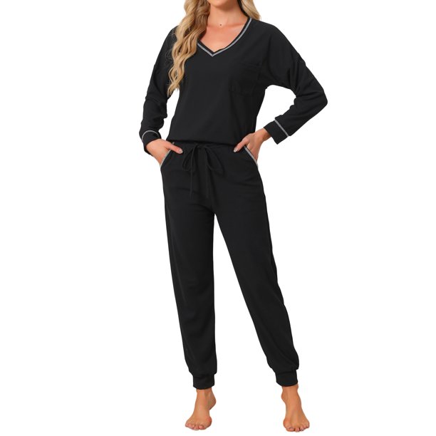 INSPIRE CHIC Conjunto de Pijama para Mujer de Punto Waffle con Manga Larga y Cuello en V, Pantalones Jogger con Cintura Elástica, 2 Piezas de Ropa de Descanso con Bolsillos, L Negro