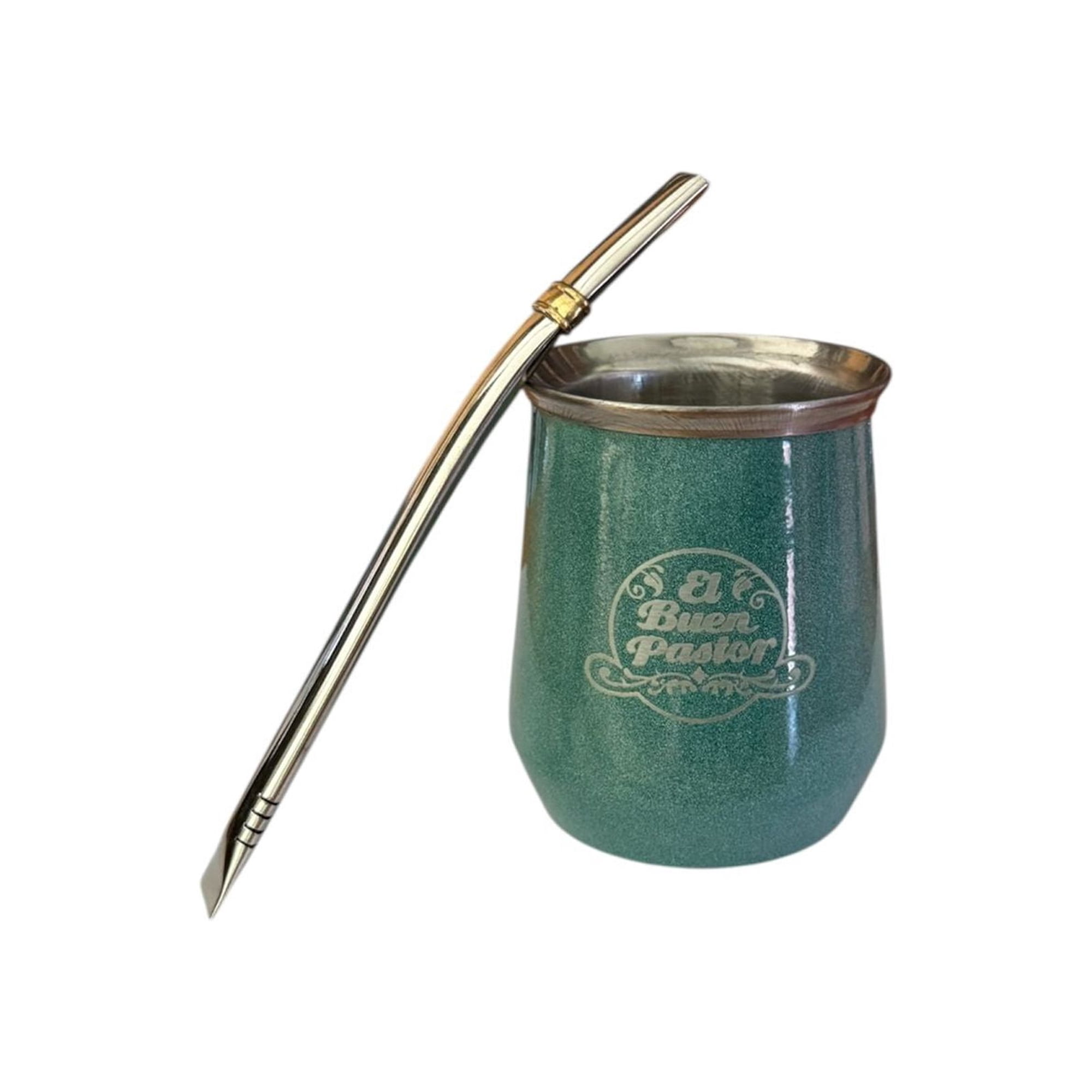 El Buen Pastor - Mate Acero Inoxidable Verde Templado Con Bombilla