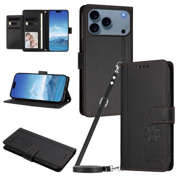 Funda Cartera Trébol para iPhone 17 Pro con Ranuras Tarjetas y Carga Inalámbrica Negro