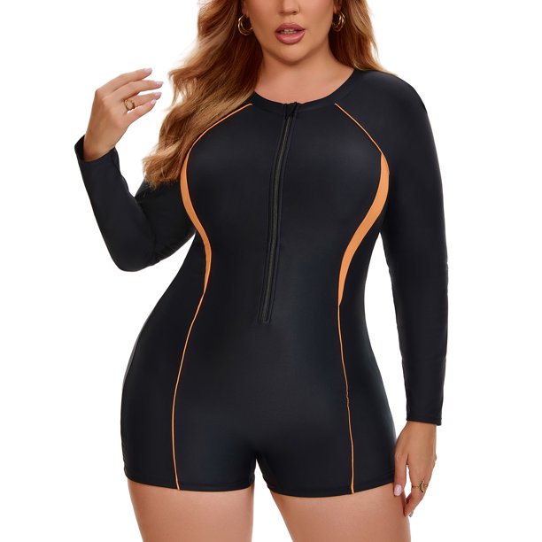 Agnes Orinda Traje de Baño de Manga Larga para Mujer Talla Grande Escuela Colegio Cremallera Frontal Playa Vacaciones Cobertura Completa 1 Pieza Trajes de Baño L Negro Naranja